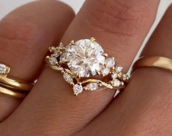2ct Runder Moissanit Verlobungsring, Klassischer 6 Krappen Solitär Ring, Pave Ehering, Vintage Stil Vorschlag Ring
