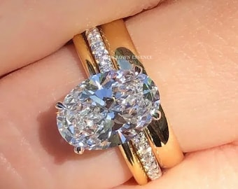 4ct Oval Moissanit Brautring Set, Ovaler Verlobungsring mit passenden Eheringen, 3-teiliges Eheringset aus Massivgold