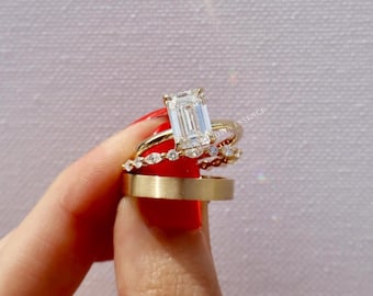 3ct Smaragdschliff Moissanite Verlobungsring Set, Hidden Halo Solitaire Ring, Solid Gold Brautring Set