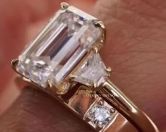 4ct Moissanite Smaragd Cut Drei Stein Ring, Vintage Art Deco Verlobungsring, Moissanite Smaragd Ehering, Gold Brautring