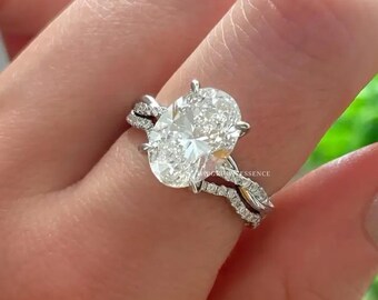 4ct Oval Moissanit Verlobungsring Set, Ehering im Ovalschliff mit passenden Band, Solid Gold Brautring Set