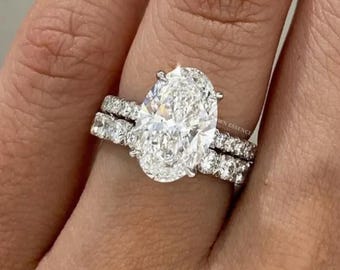 3CT Oval Moissanit Verlobungsring Set, Oval Solitärring mit Diamantband, Ehering Set aus Massivgold