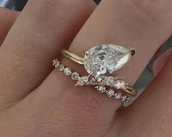 3CT Birnen Moissanit Verlobungsring, Ring im Birnenschliff mit seitlichen Diamanten, Solid Gold Vorschlag Ring, Eleganter Ehering