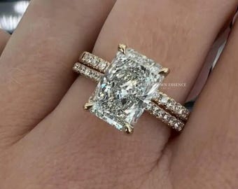 4ct Radiant Moissanit Verlobungsring Set, strahlender Solitär Ring mit Pave ebnen Ehering, Brautring Set