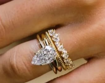 3CT Birne Moissanite Verlobungsring Set, Pear Cut Moissanite Brautring Set, Moissanite Hochzeitsset für Frauen