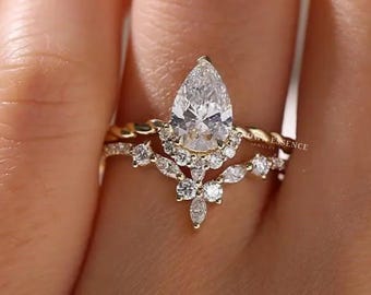 2ct Birnen Moissanit Verlobungsring, zierlicher Goldring im Birnenschliff mit Seitensteinen, einzigartiges Brautring Geschenk für sie