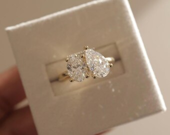 5ct Birnen- & Ovalschliff Moissanite Toi Et Moi Ring, Zwei Stein Verlobungsring, Solid Gold Vorschlag Ring, Einzigartige Ehering