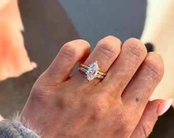 2.5CT Marquise Moissanit Verlobungsring Set, Marquise Schnitt Brautring Set mit Einzigartiger Band, Solid Gold Ehering