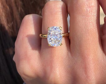 4ct längliche Kissen Moissanite Verlobungsring, versteckter Halo Kissenring, Solid Gold Vorschlag Ring, eleganter Ehering