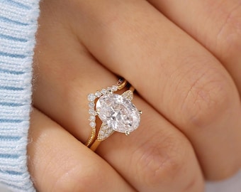 3ct Oval Moissanite Ehering Set, Vintage Moissanite Verlobungsring Set im Ovalschliff, Art Deco Brautring Set, Gold Passende Bands