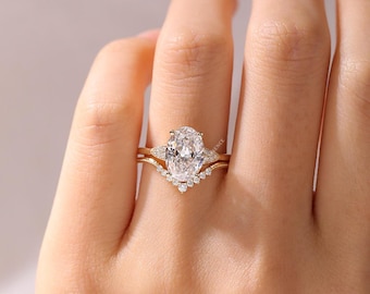 3ct Oval Moissanit Brautring Set, Ovaler Verlobungsring mit Eternity Wedding Band, Solid Gold Jubiläumsring Set