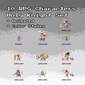 Puede incluir: Gráfico digital con 10 personajes de Caballeros Sagrados RPG en estilo pixel art. Incluye el texto "10 RPG Characters Holy Knight Set + Animated + Color Styles". Cada personaje se muestra con dimensiones de 80x80 a 130x130 píxeles.