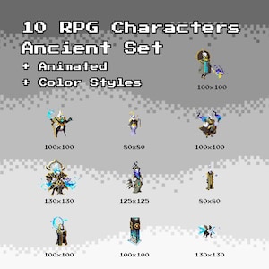 May include: A digital graphic showcasing 10 RPG characters from the Ancient Set, with animated features and various color styles. The image includes pixelated illustrations of diverse characters, each with unique designs and dimensions, set against a gray background.