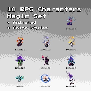 May include: A digital graphic featuring 10 RPG characters in a magic set, with animated elements and various color styles. Each character is displayed with its pixel dimensions, against a gray background.