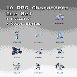 Pode incluir: Um gráfico pixelizado com 10 personagens de RPG com tema de gelo, com elementos animados e vários estilos de cores. A imagem inclui o texto "10 RPG Characters Ice Set + Animated + Color Styles."