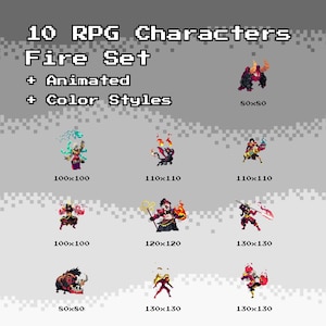 May include: Pixel art graphic featuring 10 RPG characters from the Fire Set, with animated elements and color styles. The image includes various character designs, each with unique features and dimensions, such as 80x80, 100x100, and 130x130 pixels.