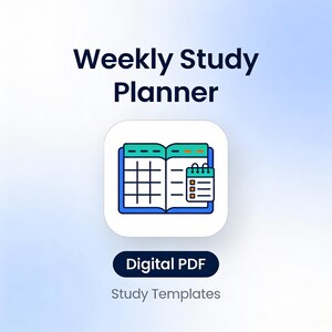 Op de afbeelding: Een digitaal PDF wekelijks studieplanner-pictogram. Het pictogram toont een open boek met een kalender en een klein kalenderpictogram. De tekst "Weekly Study Planner" staat bovenaan, met "Digital PDF" en "Study Templates" onderaan.