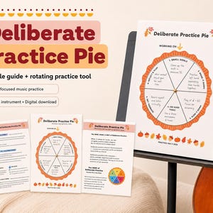 Puede incluir: Un conjunto de guías imprimibles Deliberate Practice Pie y una herramienta de práctica giratoria con un gráfico circular dividido en seis secciones con instrucciones de texto para música, decorado con hojas de otoño y bellotas.