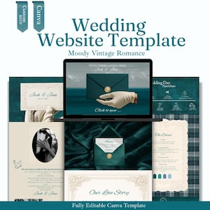 Old Money Wedding Website Template Canva Editable RSVP Destination Estate Deep Teal Classic Digital Invitation Custom Instant Download