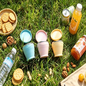 May include: A picnic scene on green grass features three collapsible cups in blue, pink, and yellow with matching lids. Snacks include crackers, nuts, and bottles of juice and water. A can of soda is also visible.