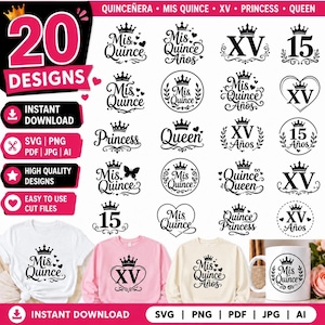 Peut inclure: Une collection de 20 motifs graphiques noirs avec des couronnes, des cœurs et du texte incluant Mis Quince, XV, 15, Princess et Queen. Ces fichiers numériques sont présentés sur des t-shirts blancs, un sweat rose et une tasse blanche.