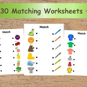 May include: Three educational matching worksheets featuring the word Match at the top. The pages display colorful illustrations of fruits, vegetables, animals, pens, and shirts with black squares for connecting corresponding items in a learning activity.