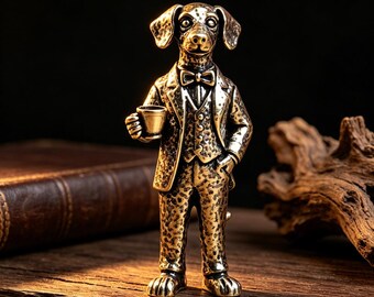 Brass Gentleman Dog Figurine | Vintage Copper Suit Dog Statue | Whimsical Desk Decor