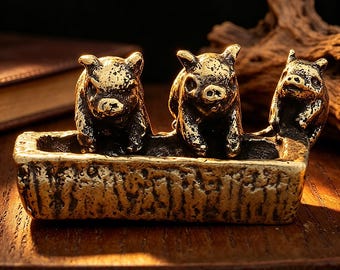 vintage solid brass three pigs figurine, small desk and home decor ornament