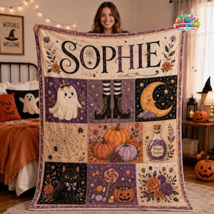 Personlig Halloween-fleecefilt, läskig säsongsdekor, häxa Halloween-present, pumpa-prästkrage-höst Halloween-heminredning 24