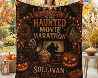 Personalized Haunted Movie Marathon Blanket, Custom Family Name Halloween Throw, Vintage Horror Cinema Cozy Couch Decor, Spooky Family Gift