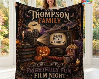 Custom Horror Movie Night Blanket, Personalized Family Name Halloween Film Night Throw, Vintage Ghost Cinema Cozy Decor, Spooky Horror Gift