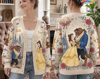 Beauty and the Beast Knit Sweater Cardigan, Belle Princess Gift for Her Cardigan, Princess Belle Graphic Cardigan, Teacher Gift
