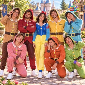 May include: A collection of nine hooded jumpsuits inspired by Snow White and the Seven Dwarfs. The jumpsuits feature front zips, yellow buttons, and black belts. Each is embroidered with a character name: Doc, Grumpy, Snow White, Happy, Sleepy, Bashful, Sneezy, and Dopey.