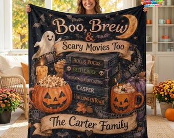 Custom Halloween Movie Night Blanket, Personalized Family Name Hocus Pocus Halloweentown Throw, Boo Brew Scary Movie Cozy Horror Family Gift