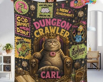 Dungeon Adventure Sherpa Fleece Blanket – Fantasy Cat & RPG Book Lover Plush Throw, Cozy Gamer Bookish Merch Decor Gift