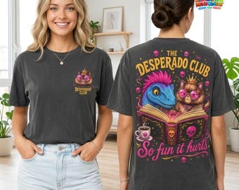 Desperado Club Shirt, Cat and Dinosaur Graphic Tee, Retro Book Lover Gift, Edgy Aesthetic Top, Whimsical Animal Shirt, Gift for Reader
