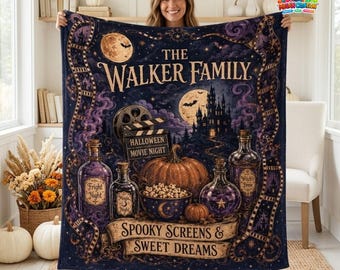 Personalized Halloween Movie Night Blanket, Custom Family Name Spooky Screens Sweet Dreams Throw, Haunted Cinema Cozy Horror Family Gift