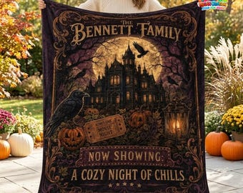 Personalized Halloween Movie Night Blanket, Custom Family Name Haunted House Throw, Spooky Cozy Horror Room Decor, Spooky Season Family Gift
