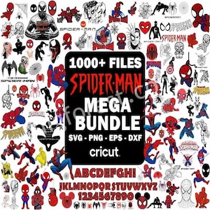 May include: A collection of Spider-Man themed digital files, including various illustrations and designs. The image features the text "1000+ FILES SPIDER-MAN MEGA BUNDLE" with SVG, PNG, EPS, and DXF file formats, and a Cricut logo. Also includes an alphabet and numbers.