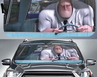 Mr Incredible In His Car Car Sun Shade, Incredibile Cartoon Robert Bob Parr Car Windshield, Funny Movie Car Accessory, Incredible Car Decor