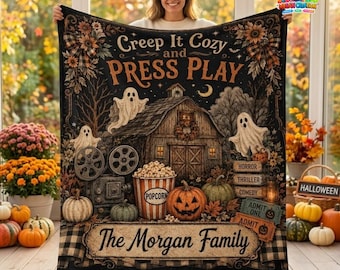 Custom Halloween Movie Blanket, Personalized Family Name Spooky Season Throw, Haunted House Ghost Pumpkin Movie Night Decor, Family Gift