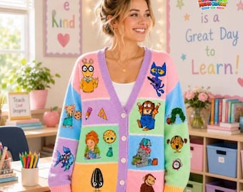 The Very Hungry Caterpillar Cardigan, Children's Book Character Cardigan Wool Sweater, Reading Teacher Cardigan, Bookish Sweater 02