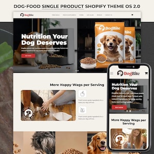 Könnte beinhalten: Ein Website-Mockup für DogBite Hundefutter, mit Produktbildern, Text und einer Handy-Anzeige. Die Seite bewirbt nahrhafte Mahlzeiten mit natürlichen Zutaten. Der Text lautet "Nutrition Your Dog Deserves."