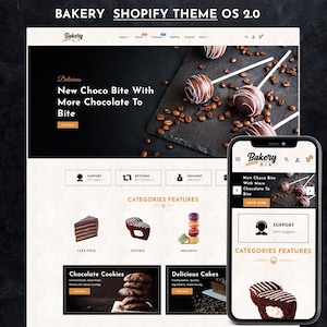 May include: A website design for a bakery, showcasing a desktop and mobile view. The desktop view features a header with the text "BAKERY SHOPIFY THEME OS 2.0" and a logo. The mobile view displays the website on a smartphone.