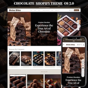 May include: A website mockup for a chocolate shop, featuring a desktop and mobile view. The desktop view showcases a paper bag filled with chocolate bars, a box of assorted chocolates, and the text "Premium Chocolates Experience the True Art of Chocolate."