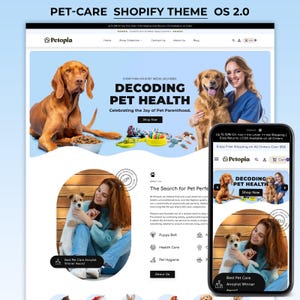 Könnte beinhalten: Ein Website-Design für ein Tierpflegeunternehmen, das eine Desktop- und eine mobile Ansicht zeigt. Das Design enthält Bilder von Hunden, den Text "Decoding Pet Health" und den Firmennamen "Petopia".