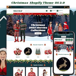 May include: A website design for a Christmas Shopify theme. The design features a festive color scheme with images of holiday apparel, lights, trees, and gifts. The website includes the text "Christmas 2025 Merriva Collections."