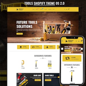 Könnte beinhalten: Ein digitales Mockup einer Website namens Morale Tools in Gelb und Weiß. Das Layout zeigt einen Werkzeugkasten aus Holz mit verschiedenen Handwerkzeugen, Kategorie-Icons für Klemmen, Hämmer und Meißel sowie eine mobile Ansicht.
