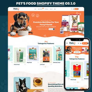 Shopify-thema voor dierenvoeding, website-sjabloon voor een dierenwinkel, e-commerce-thema voor dierenbenodigdheden, responsief ontwerp voor een online winkel met honden- en kattenvoer
