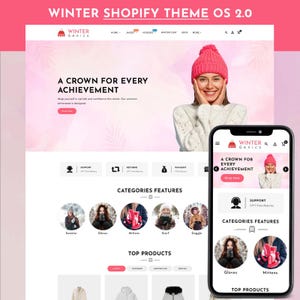 May include: A digital mockup of a Shopify website theme titled Winter Genics, featuring a pink header, a hero section with a person in a pink beanie, navigation menus, category icons for winter apparel, and a mobile phone display showing the site.